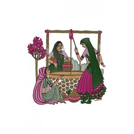 Embroidery Design of Ladies Going To Fetch Water From Wall 14097