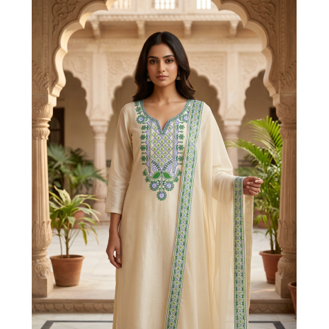 Elegant Traditional Floral V-Neckline Embroidery Design