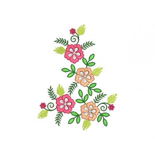Green Leaves With Colourful Flowers Embroidery