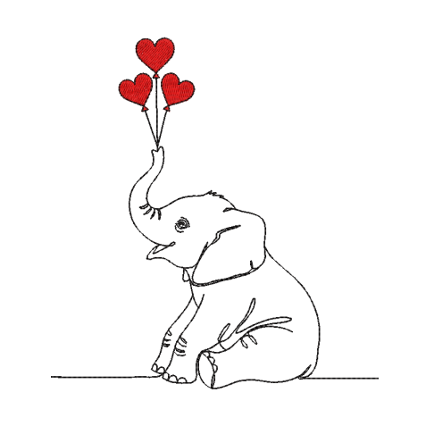 Baby Elephant Holding Heart Balloons Embroidery Design