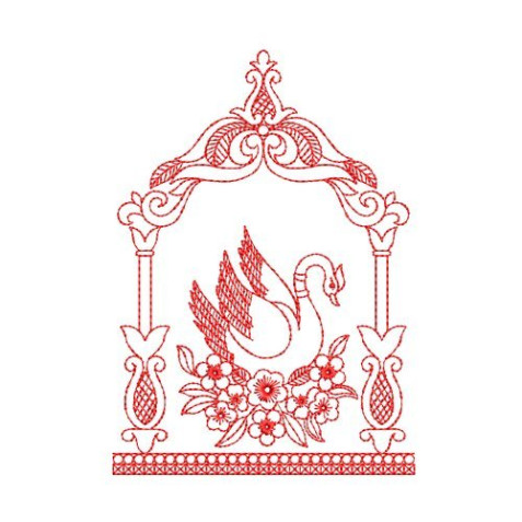 Elegant Swan Motif in Temple Arch Frame Machine Embroidery