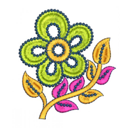 Embroidery Green Flower With Colorful Leaves