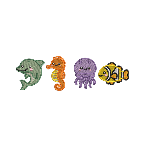 2.2" X 7" - Ocean Friends Animals for Baby Bib Embroidery Design