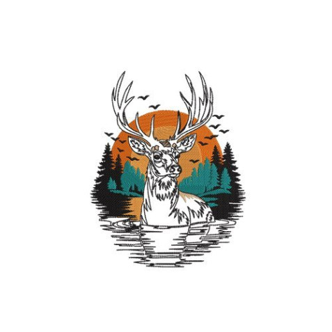 Stag Deer Head Silhouette Nature Scene Embroidery Design