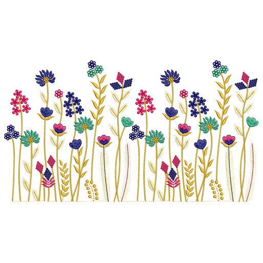 Premium multicolor wildflower border embroidery design in navy, pink, teal and gold
