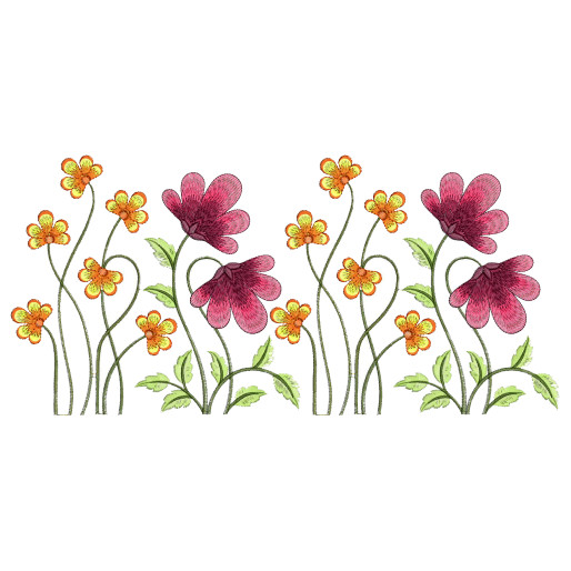 Plum and magenta large flowers with small orange blossoms bed sheet machine embroidery design