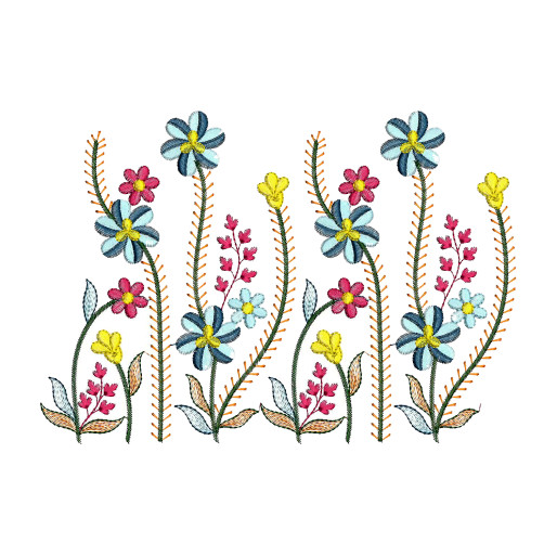 Blue, magenta and yellow floral embroidery design for bedding with orange edge stitching