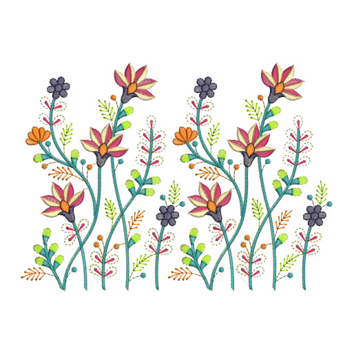 Pink and cream lily-style flowers on teal vines, embroidery design for pillow covers