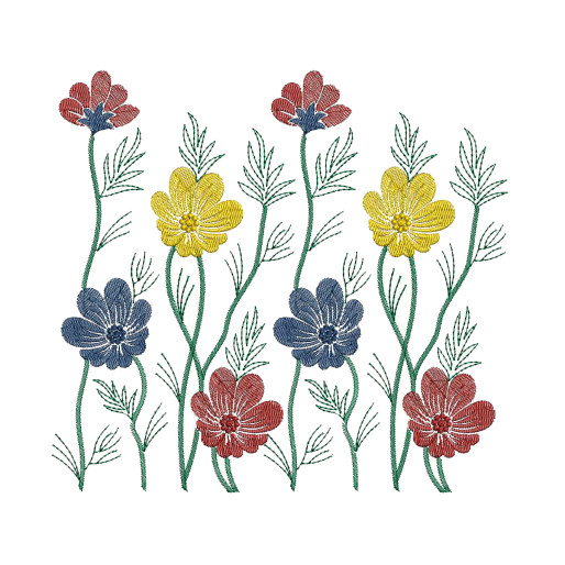 Red, yellow and blue cosmos flower machine embroidery design for bedsheets