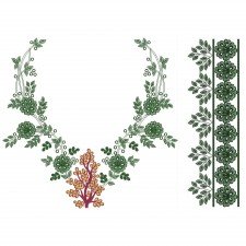 Green Wavy Line And Flower In Neck Embroidery Design 23645 Green Wavy Line And Flower In Neck Embroidery Design 23645