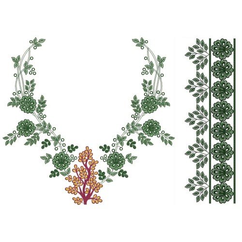 Green Wavy Line And Flower In Neck Embroidery Design 23645