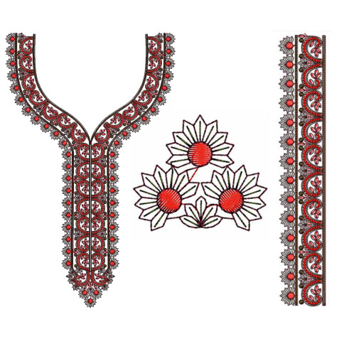 Traditional Folk Floral Neckline & Border Embroidery Design