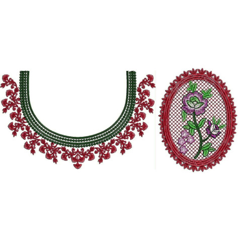 Trailing Leaf And Flowers Neck Embroidery Design